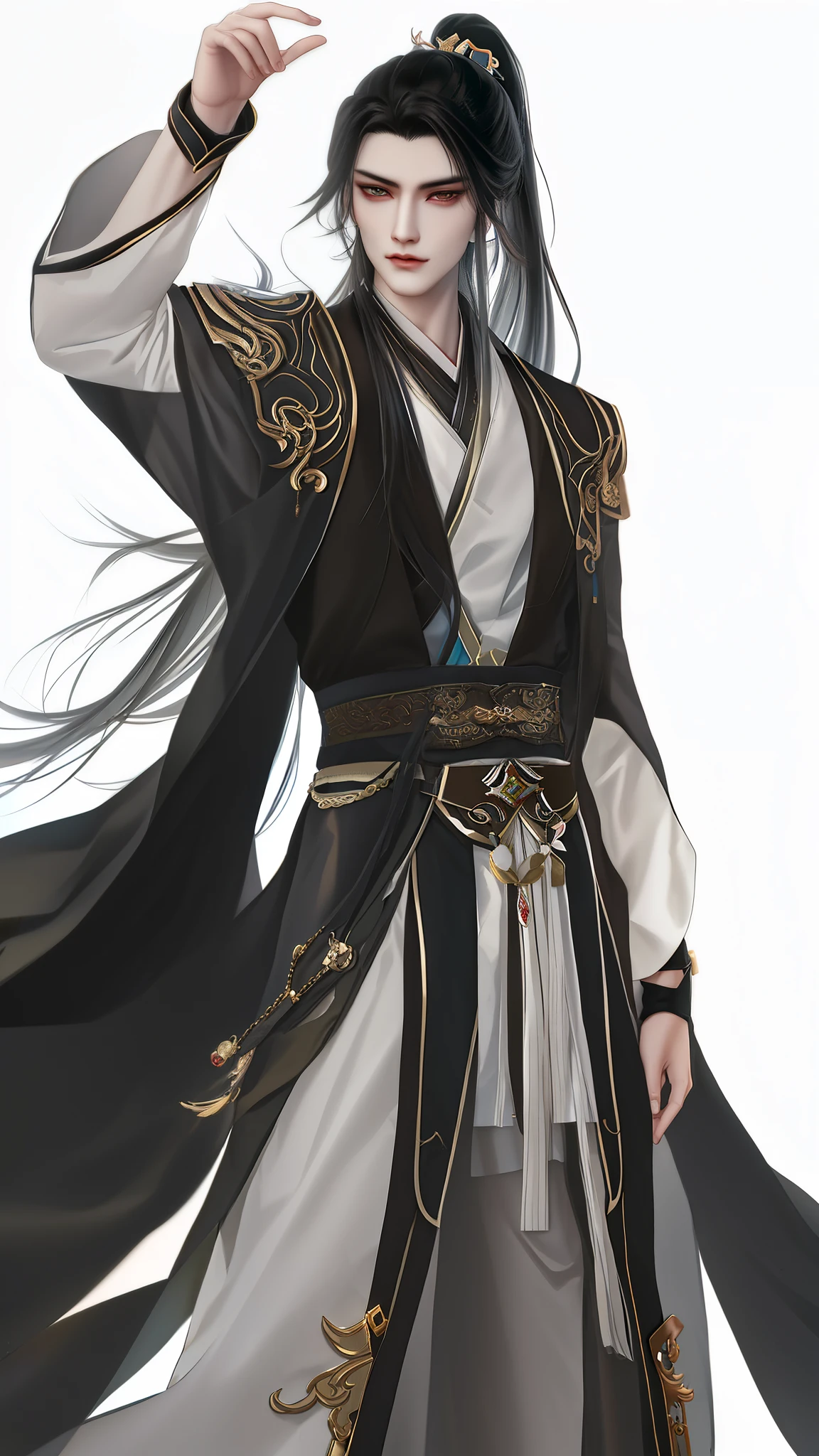 man wearing brown and white clothes, Wallpapers,high ponytails,heise jinyao, The exquisite prince,xianxia, Inspired by Bian Shoumin, inspired by Guan Daosheng, full body xianxia, Beautiful prince, inspired by Zhang Han, inspired by Zhao Yuan,, flowing hair and long robes, (longer sleeves:1.2),Black narrow cuffs,Cuff design,robe,zhao yun, xianxia hero,white backgrounid,Eye focus,a sharp gaze,A high resolution,tmasterpiece,Best quality at best,32K,fix the hand,