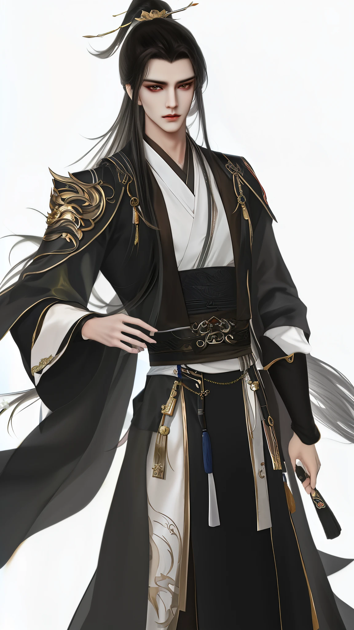 man wearing brown and white clothes, Wallpapers,high ponytails,heise jinyao, The exquisite prince,xianxia, Inspired by Bian Shoumin, inspired by Guan Daosheng, full body xianxia, Beautiful prince, inspired by Zhang Han, inspired by Zhao Yuan,, flowing hair and long robes, (longer sleeves:1.2),Black narrow cuffs,Cuff design,robe,zhao yun, xianxia hero,white backgrounid,Eye focus,a sharp gaze,A high resolution,tmasterpiece,Best quality at best,32K,fix the hand,