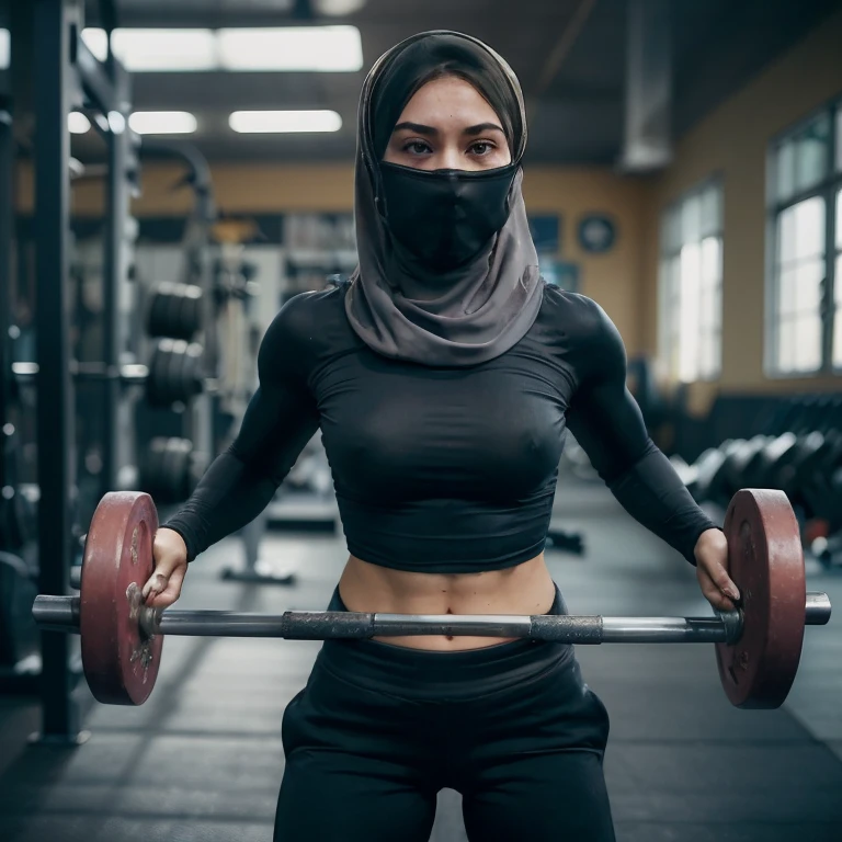 Girl, masked, hijab, sexy, strong, holding barbell