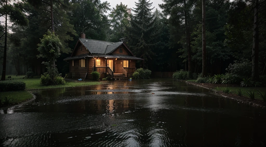 tense conditions, heavy rain, lightning, darkness, the atmosphere of a small house in the middle of the forest, the yard has water
