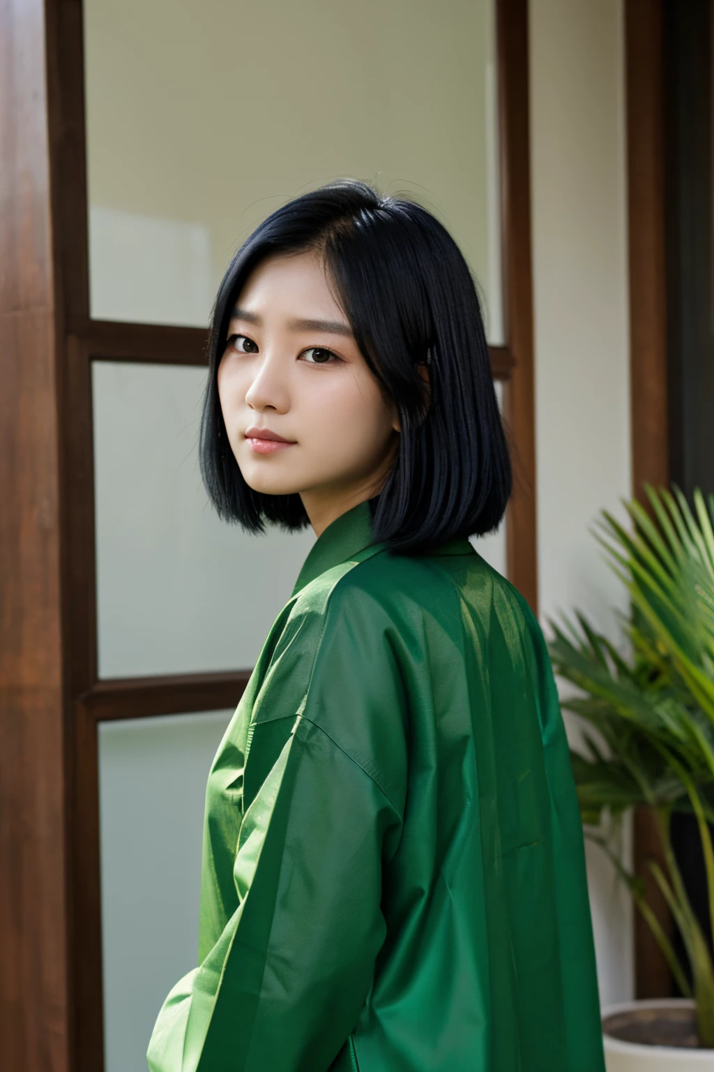 A girl with medium hair, cabelos verdes e pretos, Ansioso, beautiful face, master part, best quality, Asian clothing, menina coreana, olhos verdes, master part, retrato, Jisoo.