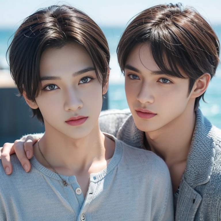 (Masterpiece:1.2, Best Quality),  (Exquisite eyes and exquisite face:1.3), ( beautiful and clear background: 1.2), Bright and contrasting colours, extremely detailed CGI, Super detailed, 
“Create an image of two attractive teenage boys with the appearance, what catches your eye. ito&#39;Thick, soft hair falls on the forehead, giving them a stylish and casual look. Both boys have adorable blue eyes................, it looks like the ocean, full of mystery and sensuality. boys&#39;Their faces are decorated with a sincere smile, expressing your kindness and cheerfulness. They can be dressed in fashionable clothes, highlighting your style and personality. Create the perfect look for them, it will attract attention and leave an impression."