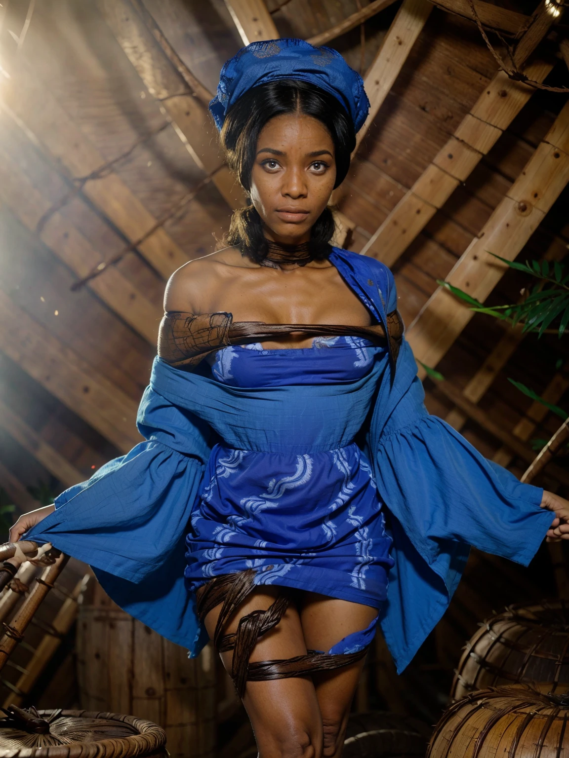 Femme africaine aux yeux bleus portant une robe à capuche rouge dans une jungle tropicale