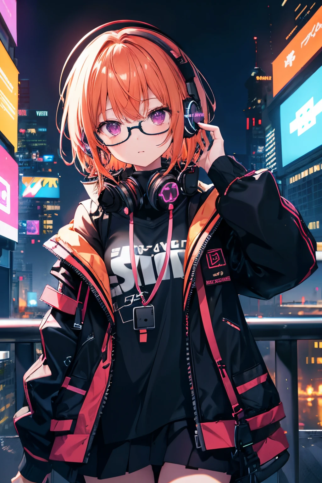 high-level image quality、　((masuter piece))、Delicate drawing、　Reddish-purple eyes、 Short hairstyle、Straight short、Orange hair、Kawaii Girl、Wearing headphones around your neck、 Wearing glasses、Very cute girl, Dark color effect, Bust-up shot, Virtual Worlds,  overlooking the city from a skyscraper, Cyberpunk, Future, Metaverse, Parallel Universe, Particle mechanics, neons, Night view, Dynamic Pose,