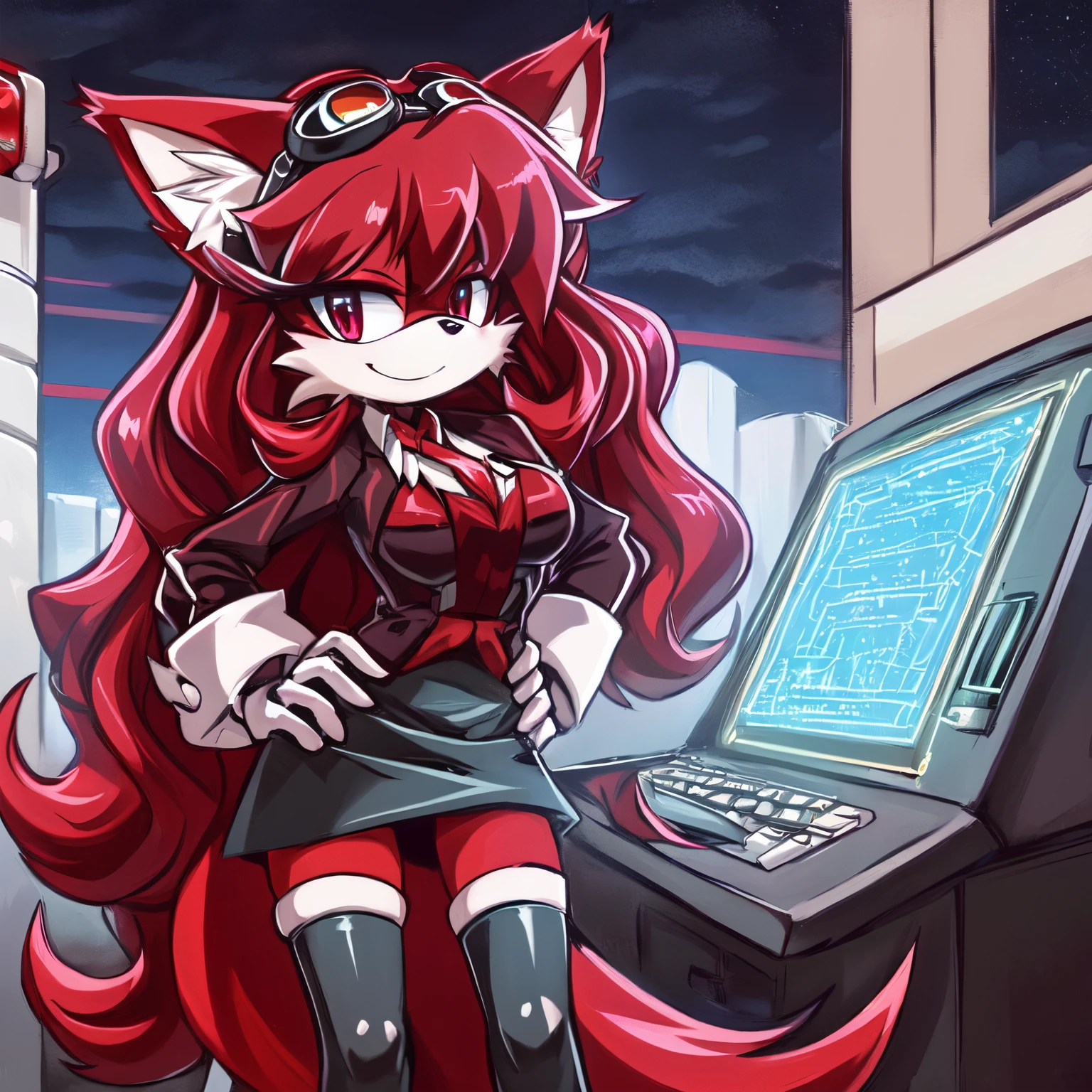 Female, Mobian, Fox, one hand on hip, (((2D Anime Style))), (solo), (1girl), high quality digital art, red and black neon lines sketch art, black cloudy background, a dark crimson furred female anthropomorphic Fox, has glowing green eyes, (((dark crimson fur))), standing up and holding a computer chip, smiling evilly, (((VERY long and wavy dark crimson hair))), (large and long hair bangs), wispy lines, (Eggmaam cosplay), purple jacket, black skirt, thigh high boots, goggles, average sized breasts, (facing viewer)