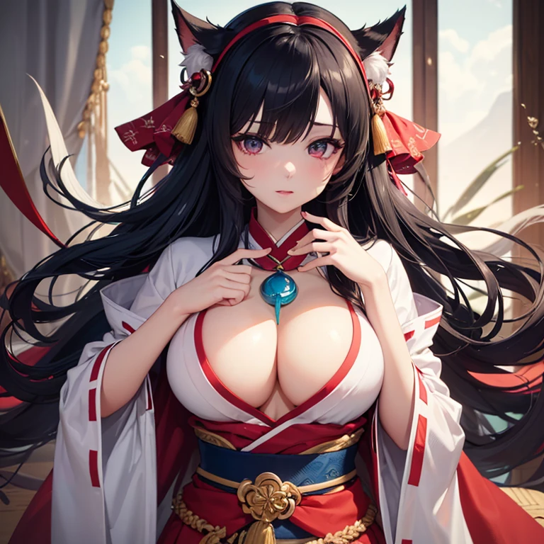 Kitsune, Retrato de Onmyoji, Chica de anime demonio, Deidad de pelo blanco, Arte de cuerpo completo, con ojos rojos, tatuajes en el pecho,cuerpo sexy,best_quality,Sexy Big Breast,erotic pose