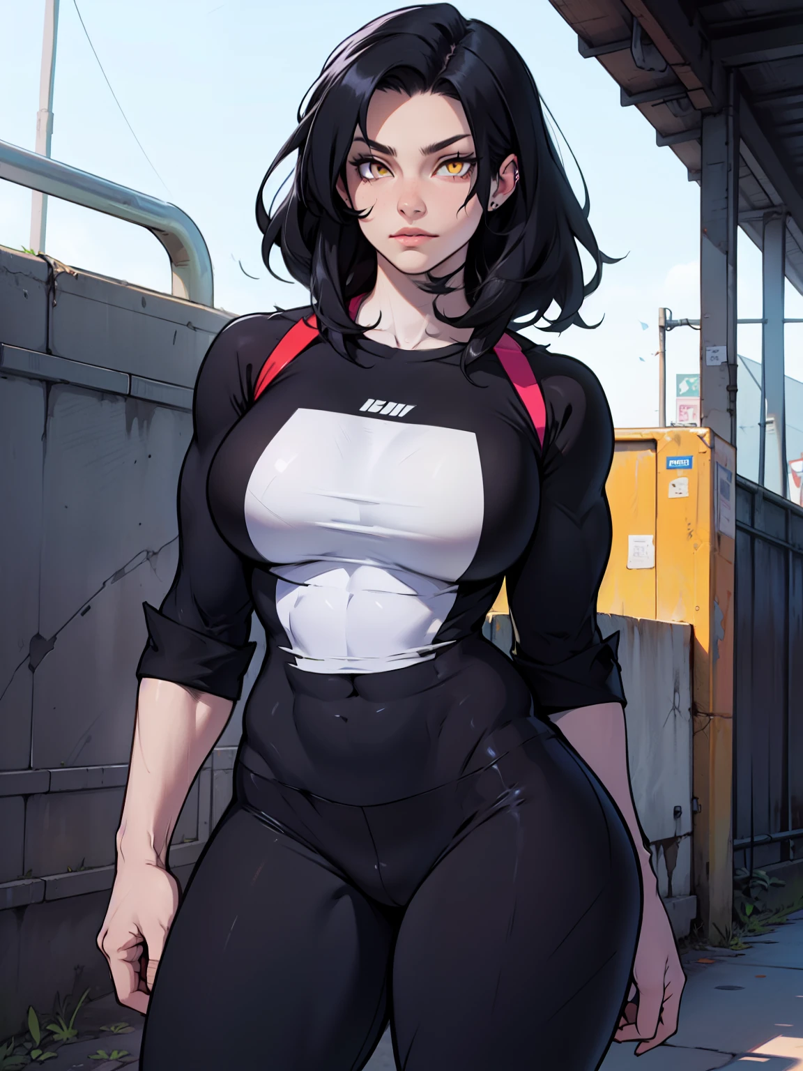 (1 girl muscular) black hair yellow eyes large breasts pale skin tight shirt
