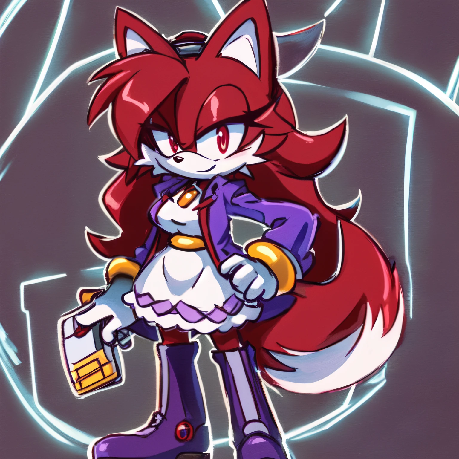 Female, Mobian, Fox, one hand on hip, (((2D Anime Style))), (solo), (1girl), high quality digital art, red and black neon lines sketch art, black cloudy background, a dark crimson furred female anthropomorphic Fox, has glowing red eyes, (((dark crimson fur))), standing up and holding a computer chip, smiling evilly, (((VERY long and wavy dark crimson hair))), (large and long hair bangs), wispy lines, (((Eggmaam outfit but with purple jacket instead of red jacket))), purple jacket, black skirt, thigh high boots, goggles, average sized breasts, (facing viewer)