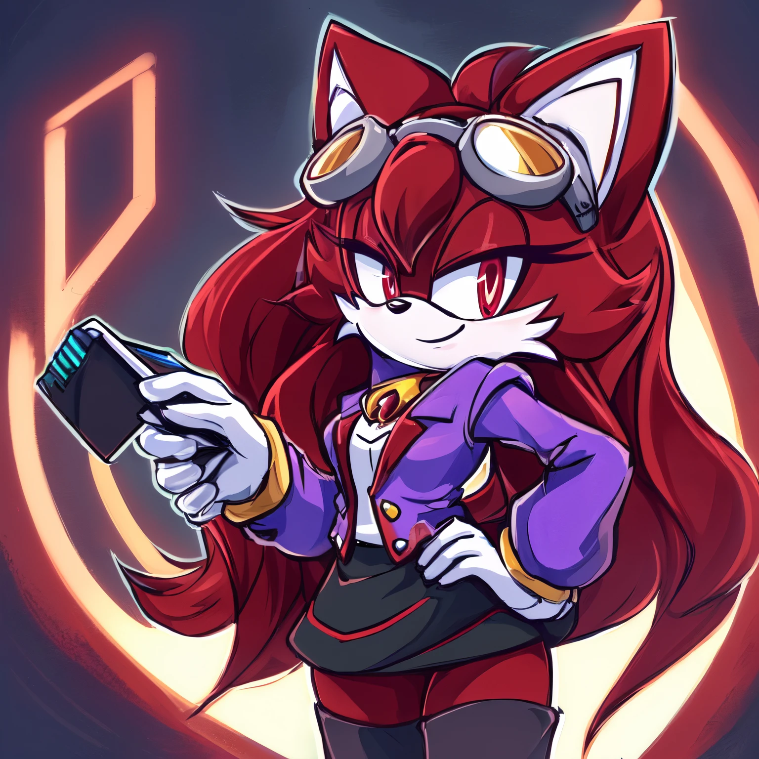 Female, Mobian, Fox, one hand on hip, (((2D Anime Style))), (solo), (1girl), high quality digital art, red and black neon lines sketch art, black cloudy background, a dark crimson furred female anthropomorphic Fox, has glowing red eyes, (((dark crimson fur))), standing up and holding a computer chip, smiling evilly, (((VERY long and wavy dark crimson hair))), (large and long hair bangs), wispy lines, (((Eggmaam outfit but with purple jacket instead of red jacket))), purple jacket, black skirt, thigh high boots, goggles, average sized breasts, (facing viewer)