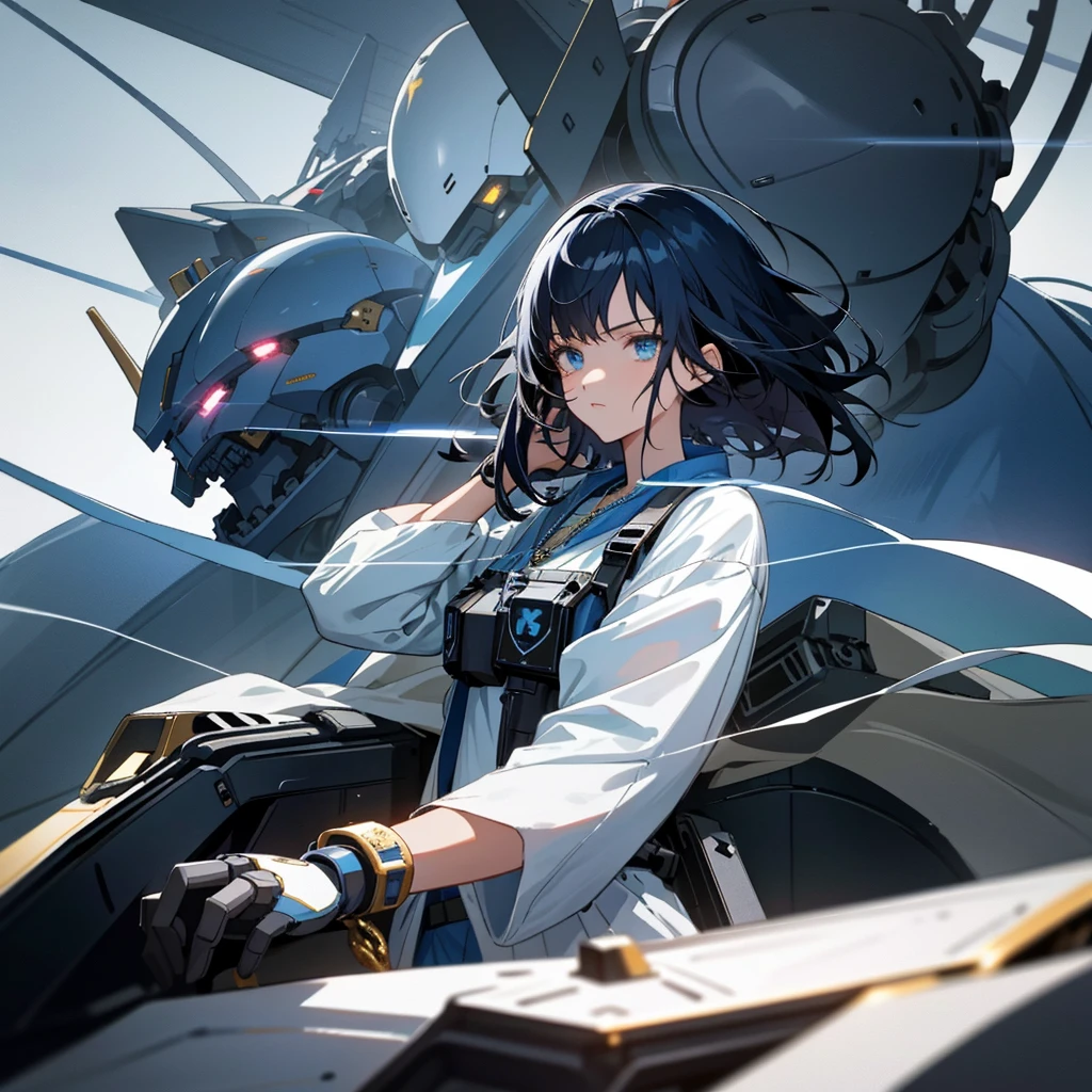Young anime, aesthetic body, dark blue eyes, black hair, hair like night, eyes like the ocean, with white clothes with blue details, on a spaceship, with golden necklace, fighting robot, machine gun, mech suit, scowl, dark ominous vibe, evil mech, robot,