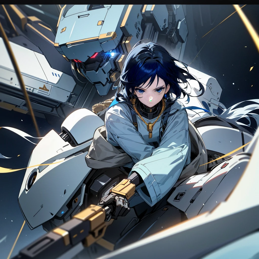Young anime, aesthetic body, dark blue eyes, black hair, hair like night, eyes like the ocean, with white clothes with blue details, on a spaceship, with golden necklace, fighting robot, machine gun, mech suit, scowl, dark ominous vibe, evil mech, robot,