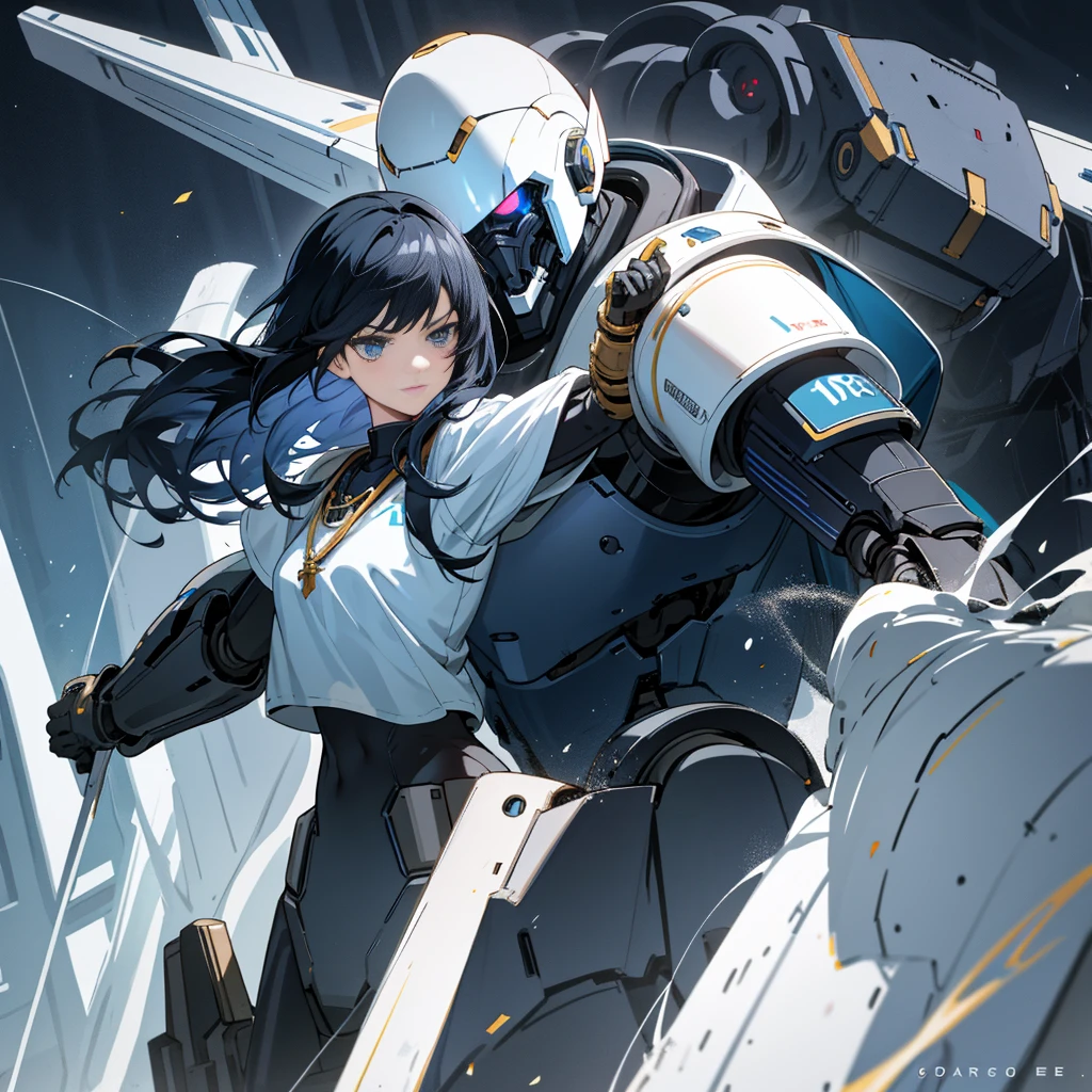 Young anime, aesthetic body, dark blue eyes, black hair, hair like night, eyes like the ocean, with white clothes with blue details, on a spaceship, with golden necklace, fighting robot, machine gun, mech suit, scowl, dark ominous vibe, evil mech, robot,