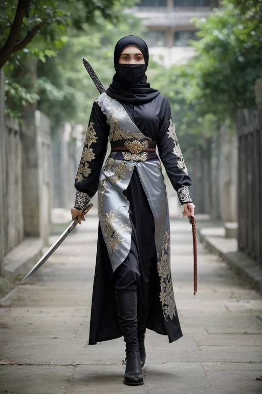 Girl, hijab, masked, holding a sword, sword in backwards, forest background