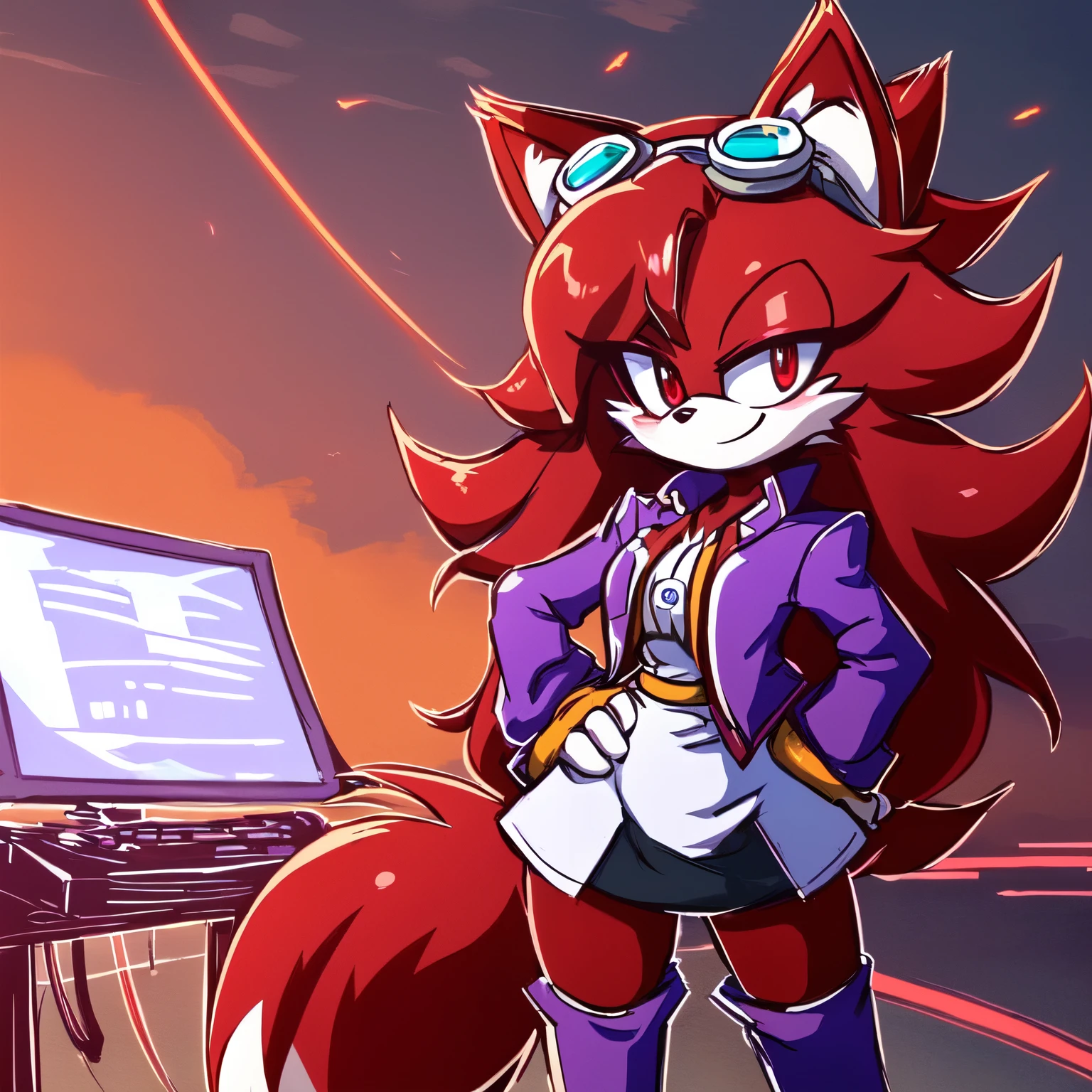 Female, Mobian, Fox, one hand on hip, (((2D Anime Style))), (solo), (1girl), high quality digital art, red and black neon lines sketch art, black cloudy background, a dark crimson furred female anthropomorphic Fox, has glowing red eyes, (((dark crimson fur))), standing up and holding a computer chip, smiling evilly, (((VERY long and wavy dark crimson hair))), (large and long hair bangs), wispy lines, (((Eggmaam outfit but with purple jacket instead of red jacket))), purple jacket, black skirt, thigh high boots, goggles, average sized breasts, (facing viewer)