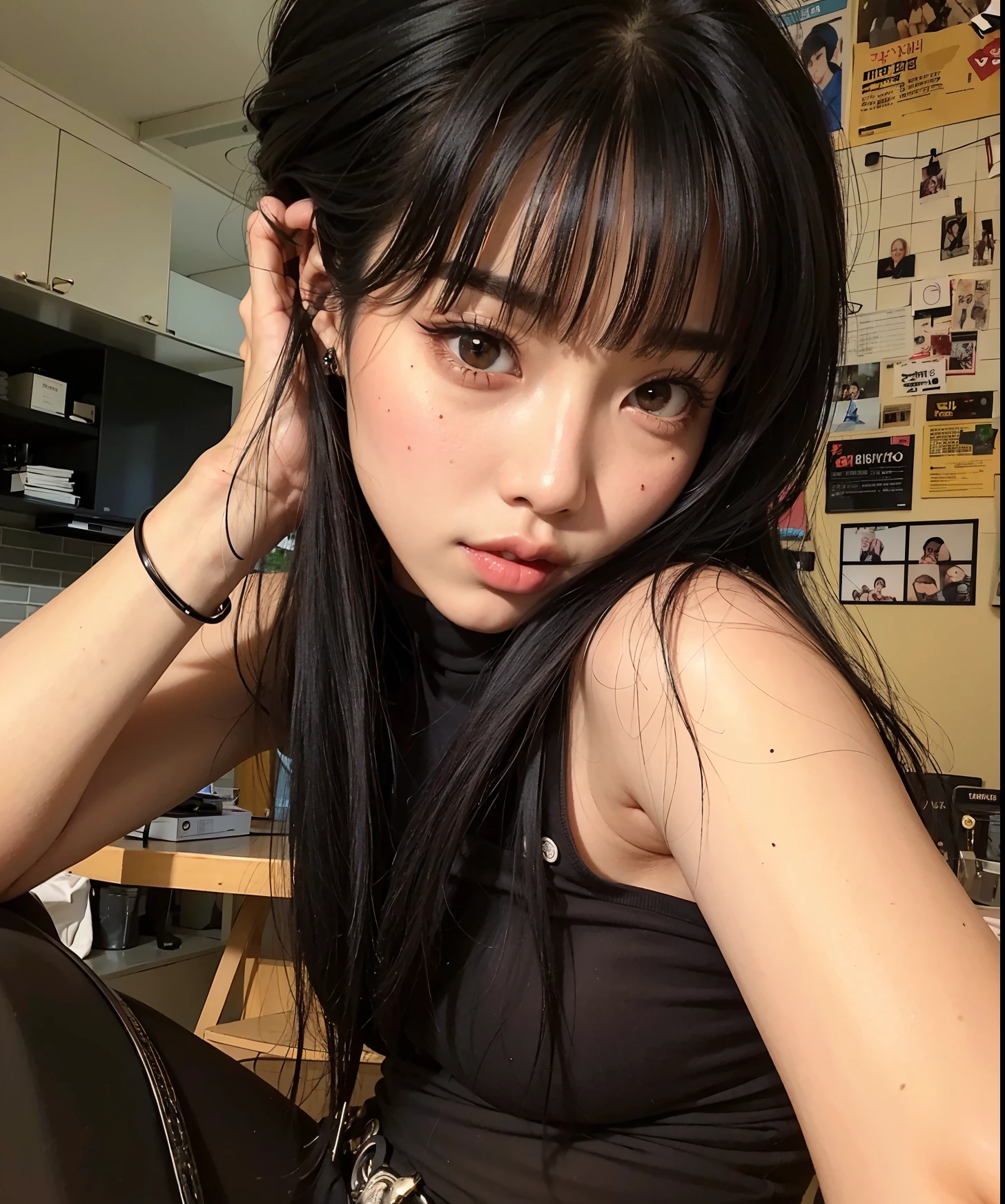 um Close up de uma mulher com cabelos longos usando um top preto, Ulzzang, cruel korean goth girl, Jisoo do Blackpink, Jisoo Blackpink Retrato, Jisoo do Blackpink, coreana, linda mulher coreana jovem, Retrato de Jossi do Blackpink, Asian girl with long hair, Mulher sul-coreana bonita, jossi do blackpink, mulher coreana jovem bonita, Jennie Blackpink