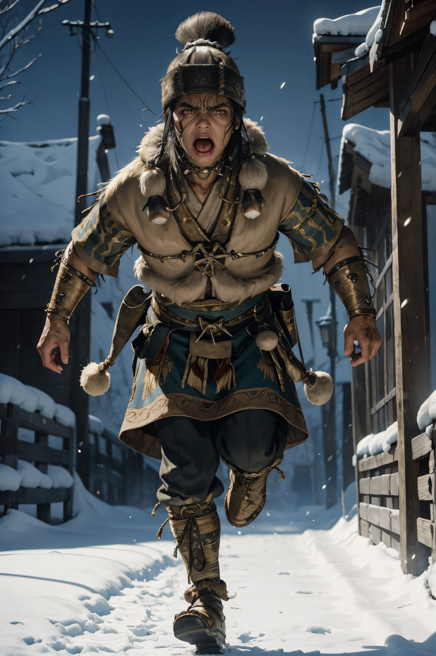 masterpiece, Highly detailed, super realistic, detailed background, bright Lighting, Daylight, beautiful face, beautiful eyes,
 medieval style, 4k, 8k, man, solo, 
(15-years-old zombie boy:1.2),
(wearing Costume of the Ainu people:1.5),
(arctic clothes),
(dynamic angle),(dynamic pose),
(full body:1.5),(running),
(be scared),
(screaming),(inflamed eyes),(angry),