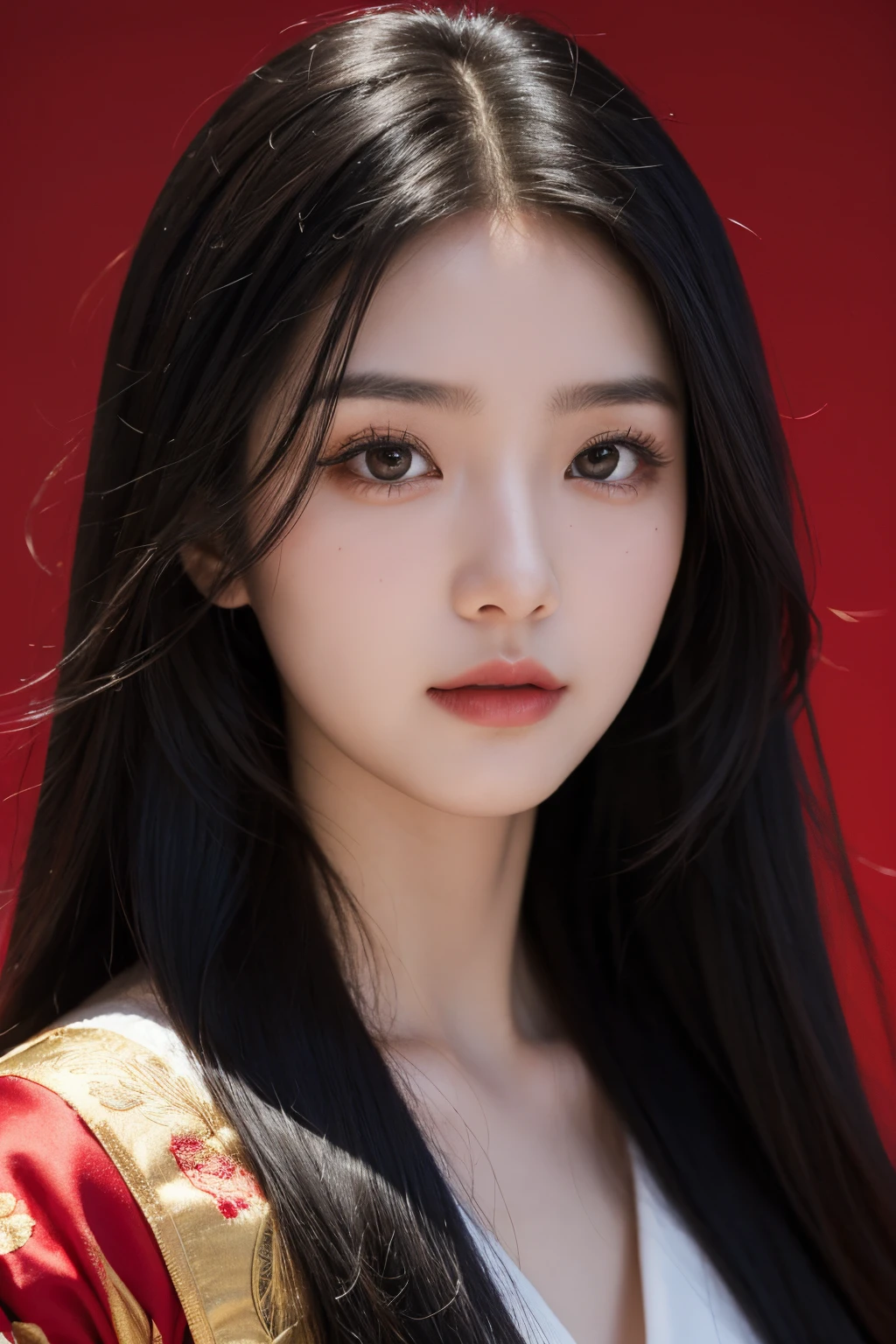a girl with long hair, red and black hair, looking forward, beautiful face, masterpiece, best quality, asian clothing, korean girl, black eyes, masterpiece, portrait.