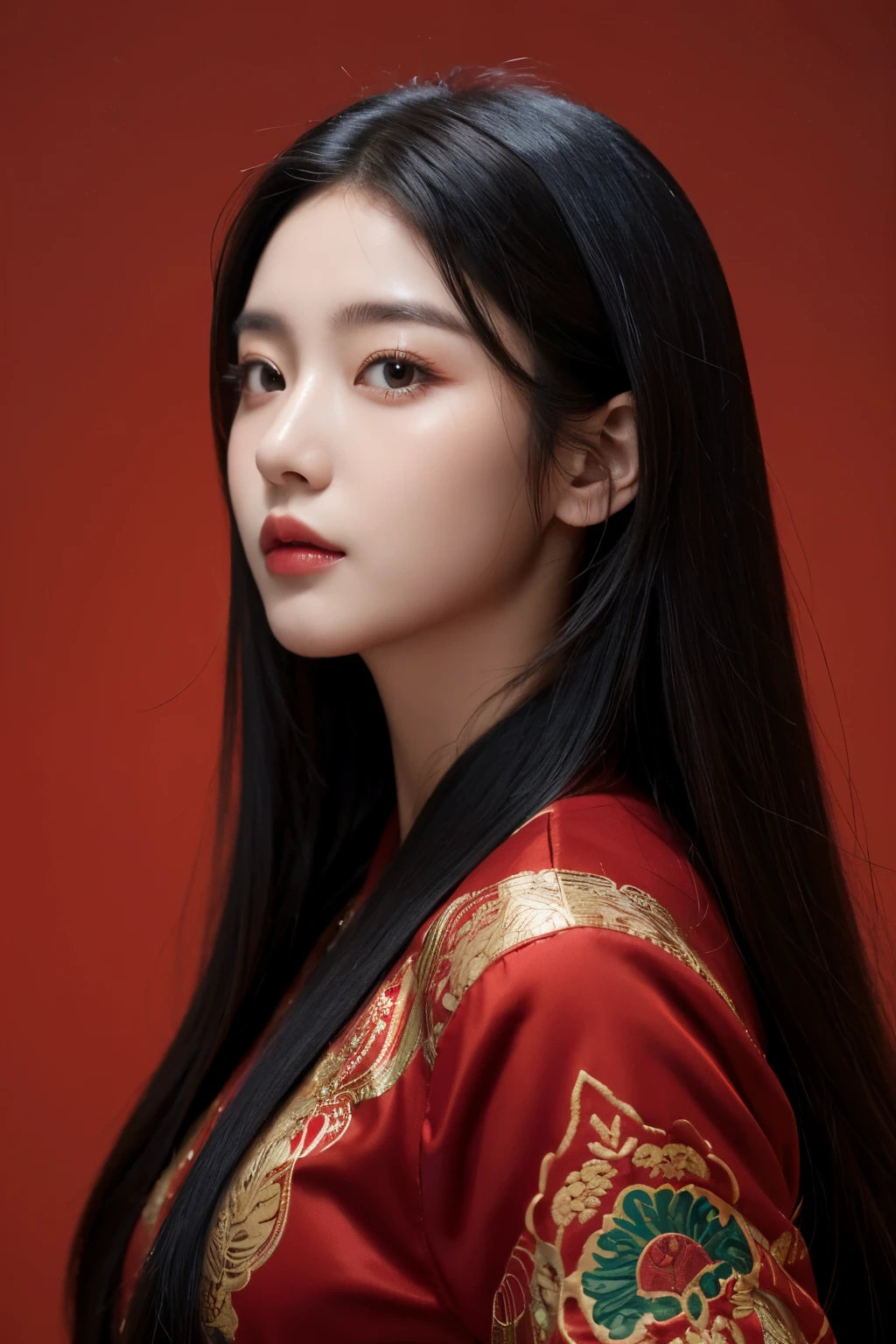a girl with long hair, red and black hair, looking forward, beautiful face, masterpiece, best quality, asian clothing, korean girl, black eyes, masterpiece, portrait.