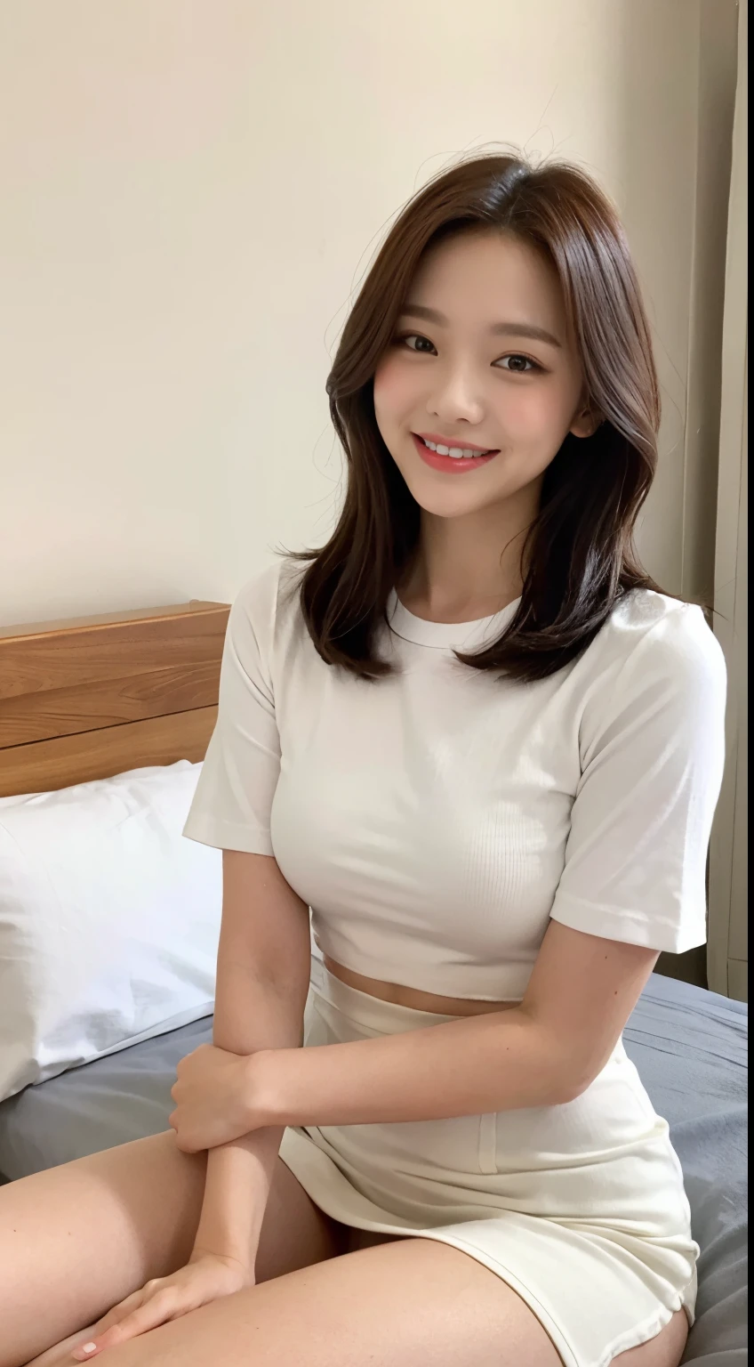 White tight shirt、White tight mini skirt、a bed、a smile、shortsleeves、high-level image quality