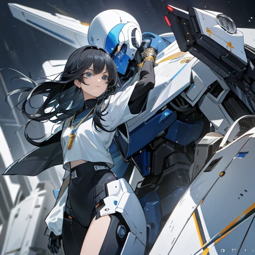 Young anime, aesthetic body, dark blue eyes, black hair, hair like night, eyes like the ocean, with white clothes with blue details, on a spaceship, with golden necklace, fighting robot, mech suit, scowl, dark ominous vibe, evil mech, robot, lustful look on robots face, flirty body language,
