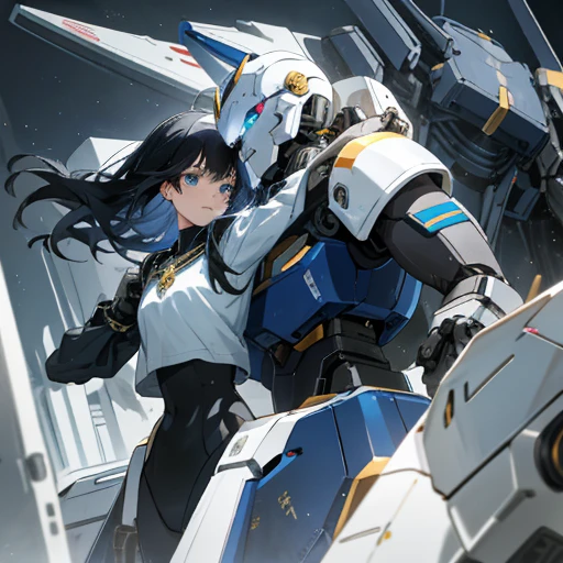 Young anime, aesthetic body, dark blue eyes, black hair, hair like night, eyes like the ocean, with white clothes with blue details, on a spaceship, with golden necklace, fighting robot, mech suit, scowl, dark ominous vibe, evil mech, robot, lustful look on robots face, flirty body language,