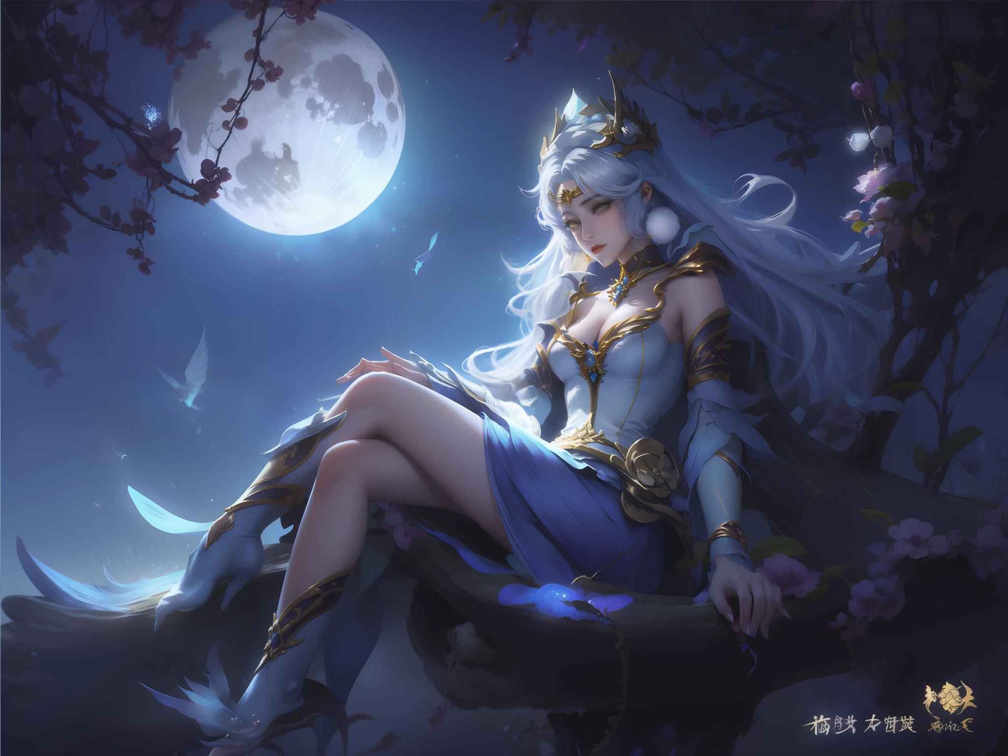 Anime girl sitting on the rock，The background is the full moon, Queen of the Sea Mu Yanling, author：heroes, lunar goddess, xianxia fantasy, author：Song Xu, full body xianxia, Goddess of the Hunt and the Moon, Moon theme suit y Qu Leilei, beautiful fantasy empress, lunar goddess, lunar goddess