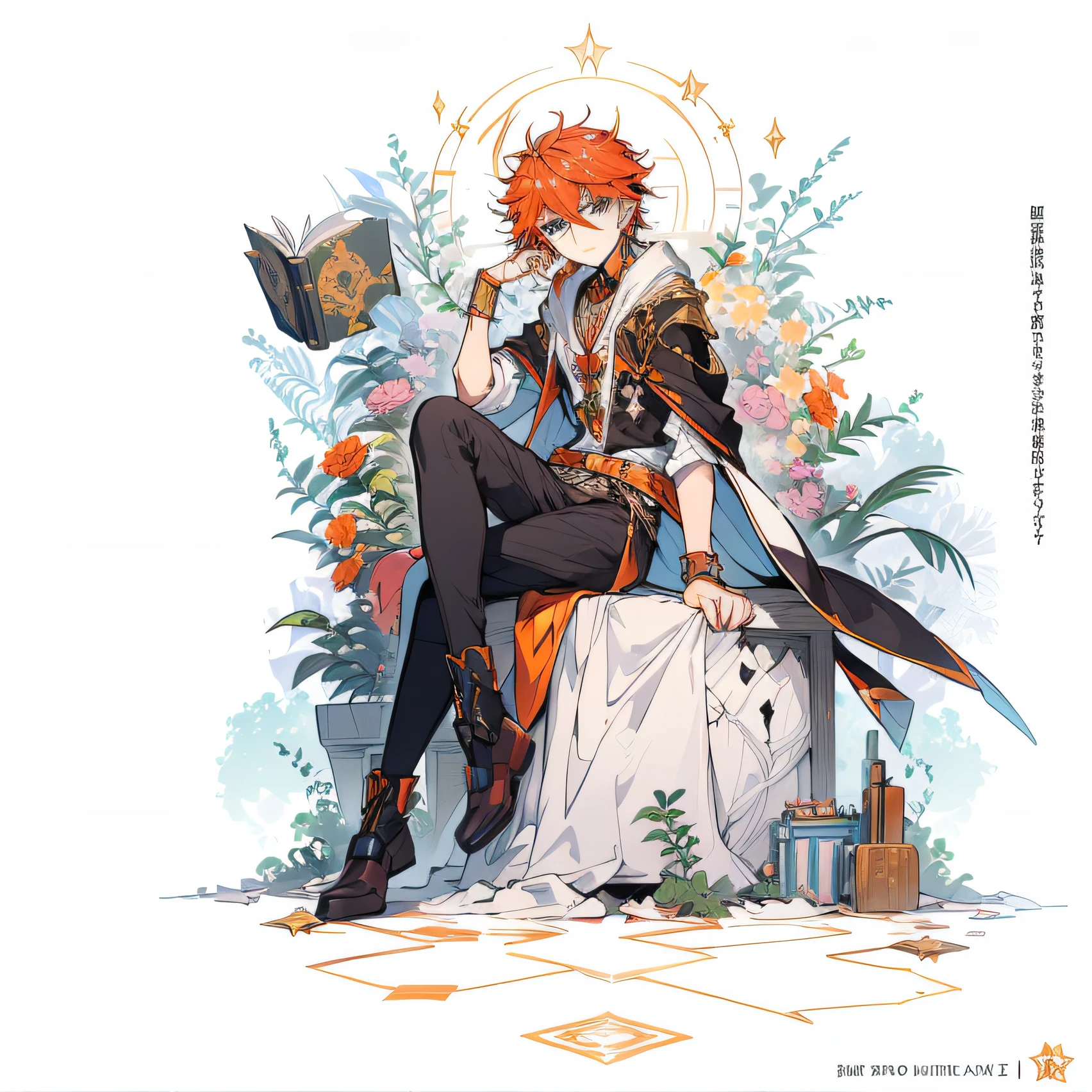 ((tmasterpiece, Best quality)), Detailed faces, character design sheet，male people, Very detailed fantasy style，golden caramel，Extremely beautiful，Natural soft light，Star decoration,curator，Male Shota，shota，magic book，Gorgeous special effects，priest decoration，flashy clothes，orange color hair