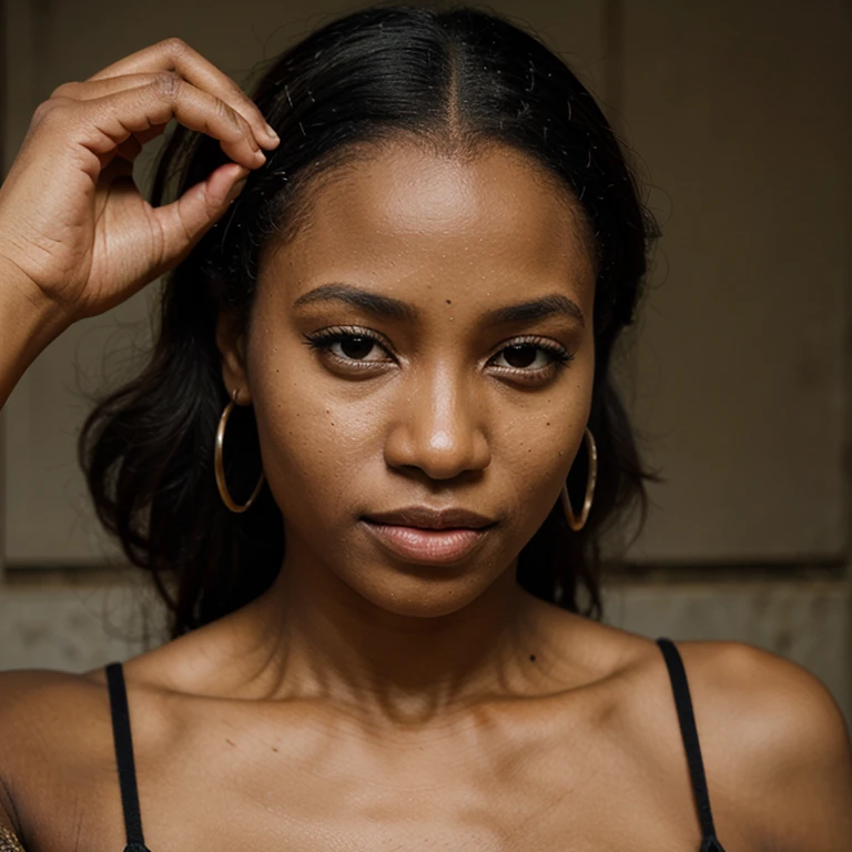 (8k, RAW photo, highest quality), beautiful (black skin woman), close up, dress, (detailed eyes:0.8), (looking at the camera:1.4), (highest quality), (best shadow), ,intricate details, interior, dark studio, muted colors,(masterpiece:1.2) and (best quality:1.2) and (photorealistic:1.4) and (Realistic:1.4) and Detailed Skin Textures and detailed skin pores