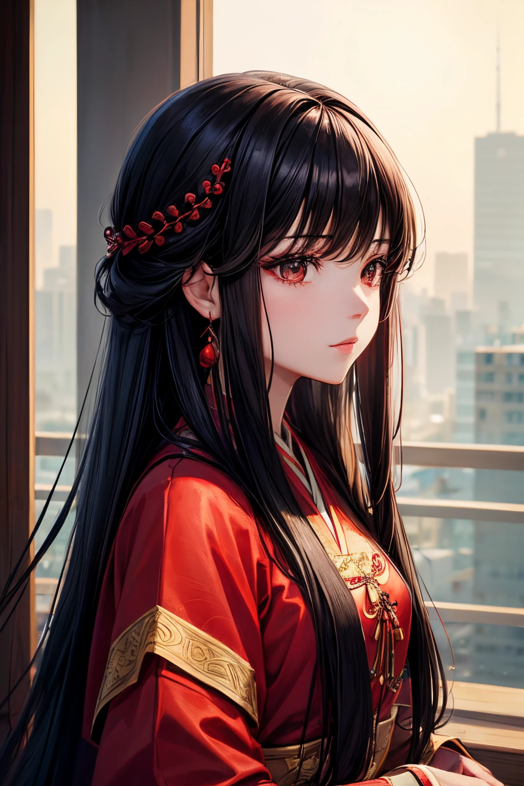 a girl with long hair, red and black hair, looking forward, beautiful face, masterpiece, best quality, asian clothing, korean girl, black eyes, masterpiece, portrait.