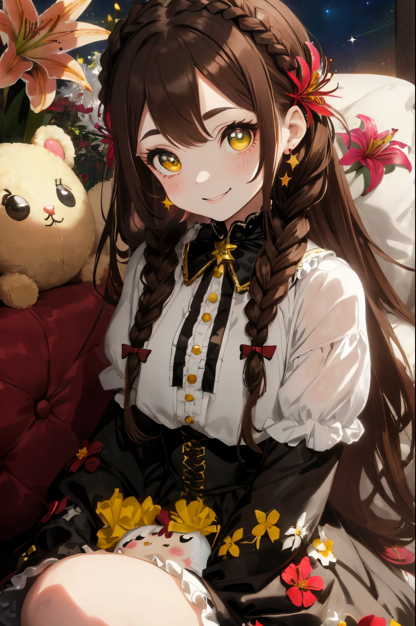 ((Brown hair)),((Braided shorthair)),((With black eyes)),Slight red tide,(gothic **** style costume:1.25),(Head dress:1.2),((Scattered with lily flowers and stuffed animals)),(The entire space turns white, Black, Green, and yellow.),(Big eyes:1.5),(your eyes are shining like stars:1.2),(Cute way to sit),(sitting like a french doll),(Tilt of the neck:1.25),(elaborate structure),(smiling slightly),