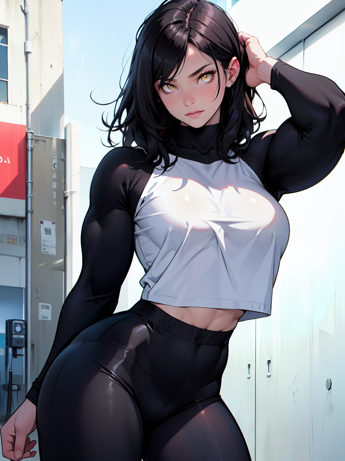 (1 girl muscular) black hair yellow eyes large breasts pale skin tight shirt