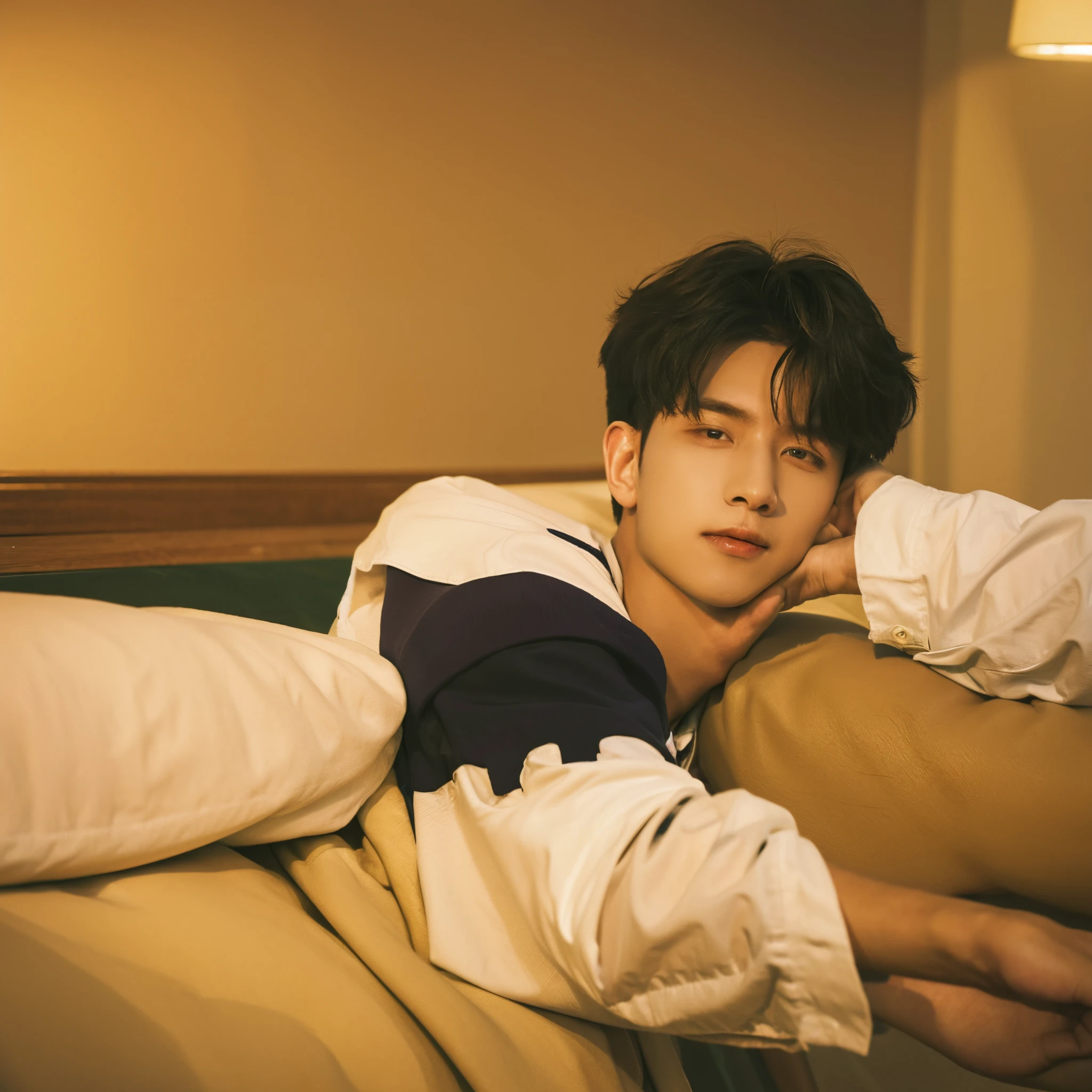 best qualtiy, tmasterpiece, (realisticlying:1.4), A boy with, Light smile, The shirt has a collar, waist-up, dramatic lightrom below,Highly detailed and hyper-realistic visuals, Desaturated and muted colors, Detailed faces,facing at camera