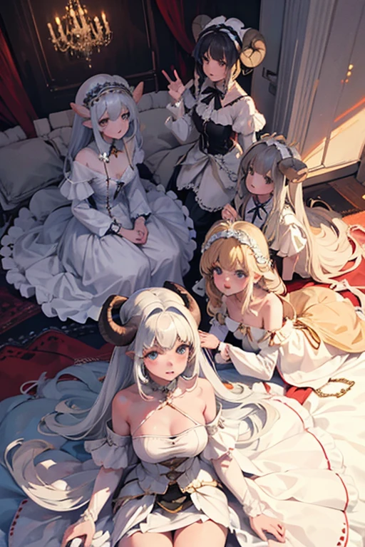 Four semi-human Pegoraro girls together, white sheep hair, sheep horns, pretty, wearing princess clothes, Dutch angle, detailed art. (sfw)