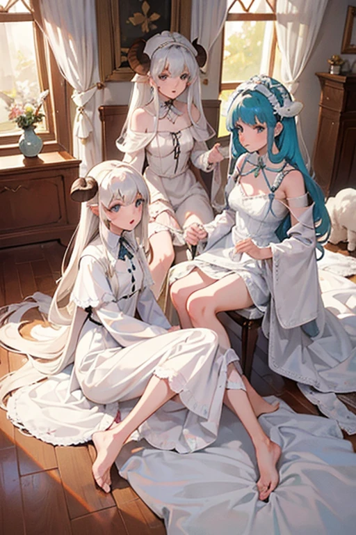 Four semi-human Pegoraro girls together, white sheep hair, sheep horns, pretty, wearing princess clothes, Dutch angle, detailed art. (sfw)