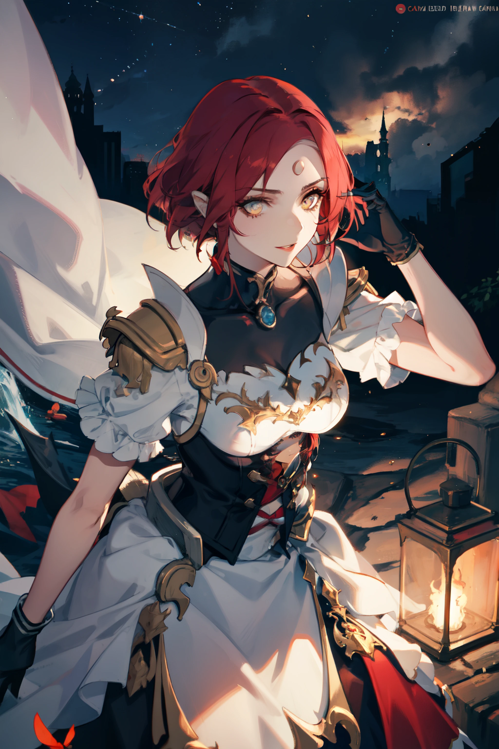 , flowing red hair, cavaleira, armadura vermelha, noite, corpo inteiro, uma meninas vermelhos, presas