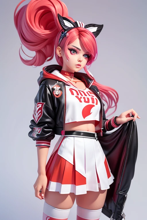 Ruby is a fair-skinned teenage girl with a medium build. She has wavy, hip-length, bright red hair parted to the side and mauvish purple doe-eyes. Her makeup typically consists of glittery gold eyeshadow, red winged eyeliner, natural blush, and pale pink lipstick. Her preferred style is streetwear chic- a sporty-casual mix topped off with her customized shoes and accessories. As a cheerleader, Ruby's outfit consists of a cropped white hoodie, with the red letters "Sparkle" around the hem of the hood. The sleeves have long, rainbow colored flames going up the sides with the black letter "R" at the base. Over this, she wears a cropped, red mesh jersey with the black number "86" on the front. She wears a red pleated cheer skirt with a black and a white stripe on the hem and a white "RH" on one of the pleats. She has low white calf socks, decorated with black block letter words spelling "RAINBOW" going around them. She also sports a pair of red and white athletic sneakers with a stiletto heel, customized with the words "Los Angeles" painted in black across the sides. Her hair is crimped, tied back into a high ponytail with a red-and-white bow, and parted in the middle with four golden hairclips. She has much more dramatic makeup, with red eyeshadow styled to resemble flames, bright red lipstick, and a fireball logo holding the phrase "RH!" painted onto her left cheek.