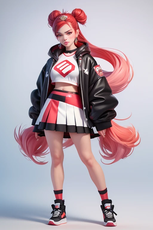 Ruby is a fair-skinned teenage girl with a medium build. She has wavy, hip-length, bright red hair parted to the side and mauvish purple doe-eyes. Her makeup typically consists of glittery gold eyeshadow, red winged eyeliner, natural blush, and pale pink lipstick. Her preferred style is streetwear chic- a sporty-casual mix topped off with her customized shoes and accessories. As a cheerleader, Ruby's outfit consists of a cropped white hoodie, with the red letters "Sparkle" around the hem of the hood. The sleeves have long, rainbow colored flames going up the sides with the black letter "R" at the base. Over this, she wears a cropped, red mesh jersey with the black number "86" on the front. She wears a red pleated cheer skirt with a black and a white stripe on the hem and a white "RH" on one of the pleats. She has low white calf socks, decorated with black block letter words spelling "RAINBOW" going around them. She also sports a pair of red and white athletic sneakers with a stiletto heel, customized with the words "Los Angeles" painted in black across the sides. Her hair is crimped, tied back into a high ponytail with a red-and-white bow, and parted in the middle with four golden hairclips. She has much more dramatic makeup, with red eyeshadow styled to resemble flames, bright red lipstick, and a fireball logo holding the phrase "RH!" painted onto her left cheek.