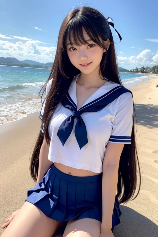 (Best Quality,Photorealistic,hight resolution), 8K, japanese beauty girl, (Clear eyes:1.3), girl with１a person, a , a smile, Looking at the camera , Nice smile, childish, A 12-year-o gi(Supeute face in idol style:1.2), 8K,Pattsun bangs, A dark-haired, medium long hair medium hair ,Straight hair, The area around the genitals is smooth, The genitals are so real, Balanced beautiful breast style, Slim and realistic with amazing full body detail,Full body shot from toes to head, fullnude, The background is the coast with a blue sky, girl playing on the sandy beach, Sailor uniform, cosplay, sexy, belly button exposed, JK uniform, high school student, school festival, cultural festival, women&#39;s costume, sailor uniform tops（With ribbon) /skirt by the