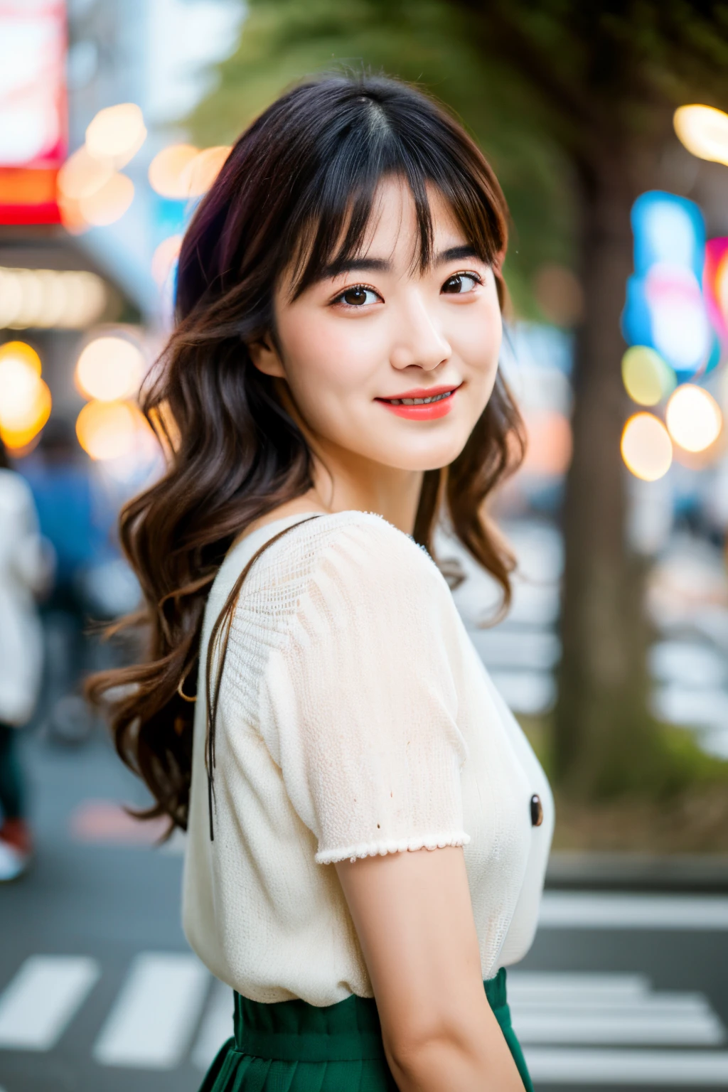 (skin blemish:1.2), (skindentation), black eye, 1woman, 25yo, (((woman))), solo, realistic, best quality, photorealistic, masterpiece, 8k, high res, solo, extremely detailed face, (professional lighting, bokeh), (light particles, lens flare, glowing particles:0.6), (dynamic pose:1.2), soft lighting, top angle view, fashionable and trendy atmosphere, japan, street, tokyo, city, ((daytime)), sky, ((looking at the viewer:1)), (looking at the camera),(portrait:0.6), cowboy shot, gorgeous, standing, keep original facial proportion, wide shoulder, full body, (small breast), (medium hair), brown hair, floating hair, lips, lipstick, seductive smile, floating hair, smile, open_mouth, teeth, (sleeves less white blouse), (jumper skirt), eyelashes, mole, (mole under eye:1),