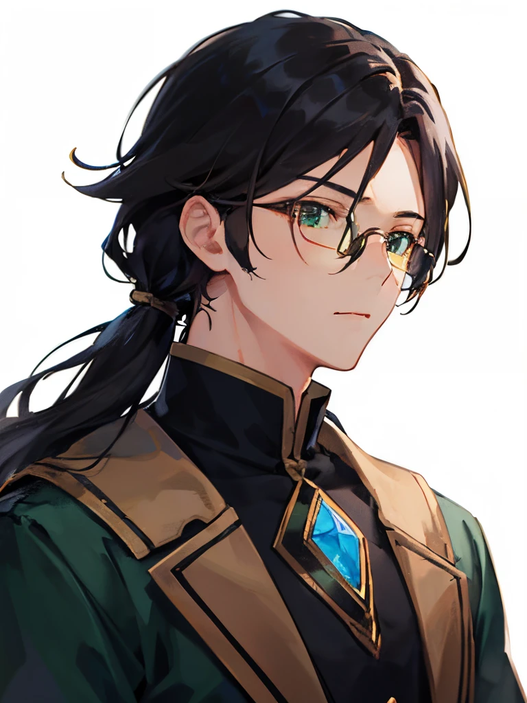 1boy, ember、独奏、alchemist、The long-haired、brown haired、With bangs、eye glass、length hair、Lowered hair、manly、elongated face、Gentle、Intelligent、Older、Green clothing、Adults、animesque、Clear illustrations