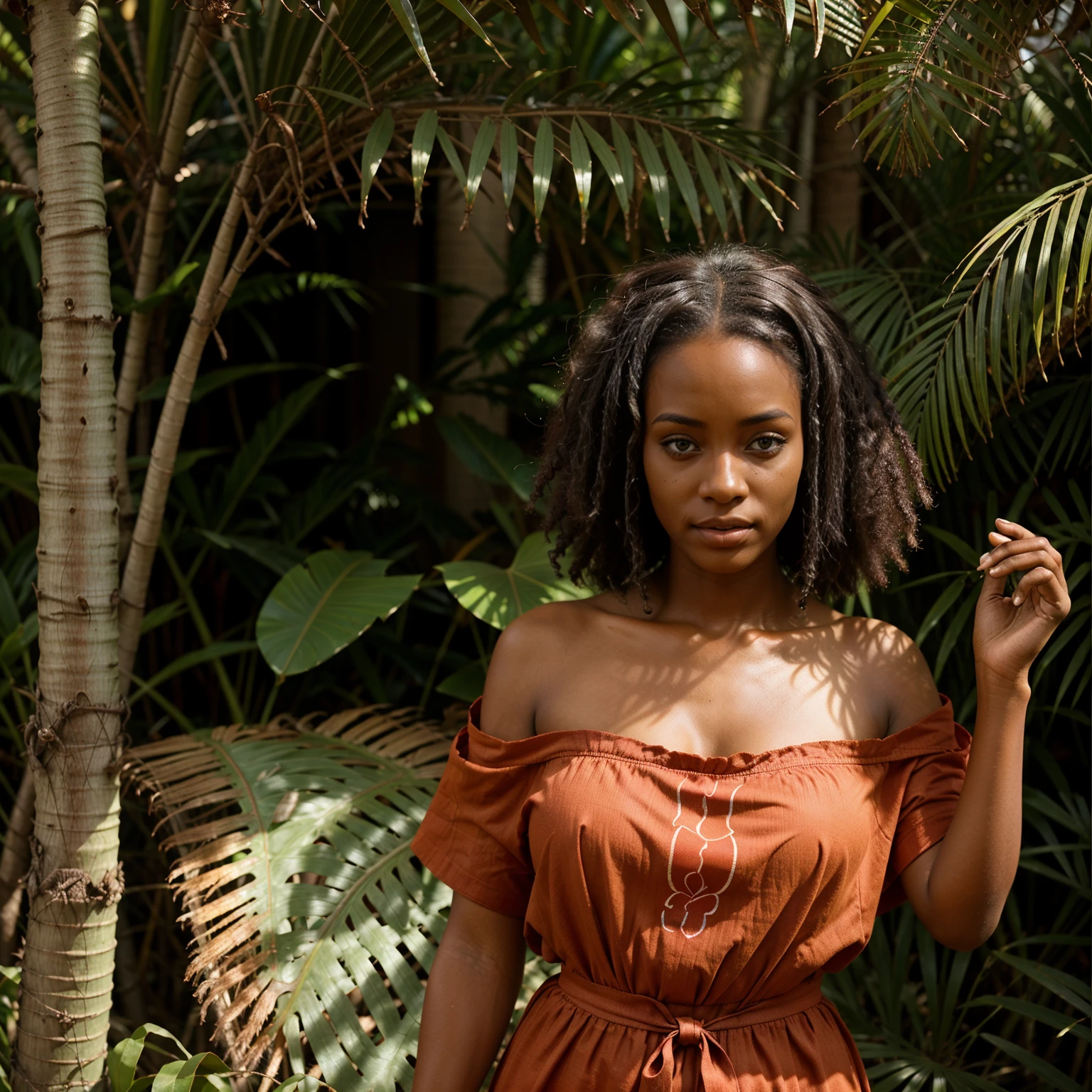 Femme africaine aux yeux verts vêtue d&#39;une grande robe rouge posant devant une végétation tropicale