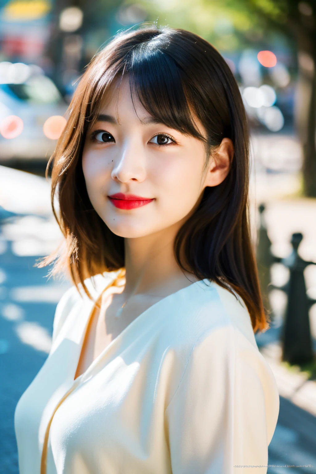 (skin blemish:1.2), (skindentation), black eye, 1woman, 25yo, (((woman))), solo, realistic, best quality, photorealistic, masterpiece, 8k, high res, solo, extremely detailed face, (professional lighting, bokeh), (light particles, lens flare, glowing particles:0.6), (dynamic pose:1.2), soft lighting, top angle view, fashionable and trendy atmosphere, japan, street, tokyo, city, ((daytime)), sky, ((looking at the viewer:1)), (looking at the camera),(portrait:0.6), cowboy shot, gorgeous, standing, keep original facial proportion, wide shoulder, full body, (small breast), (medium hair), brown hair, floating hair, lips, lipstick, seductive smile, floating hair, smile, open_mouth, teeth, (sleeves less white blouse), (jumper skirt), eyelashes, mole, (mole under eye:1),