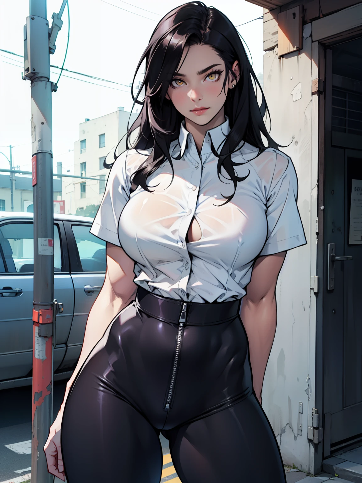 (1 girl muscular) black hair yellow eyes large breasts pale skin tight shirt