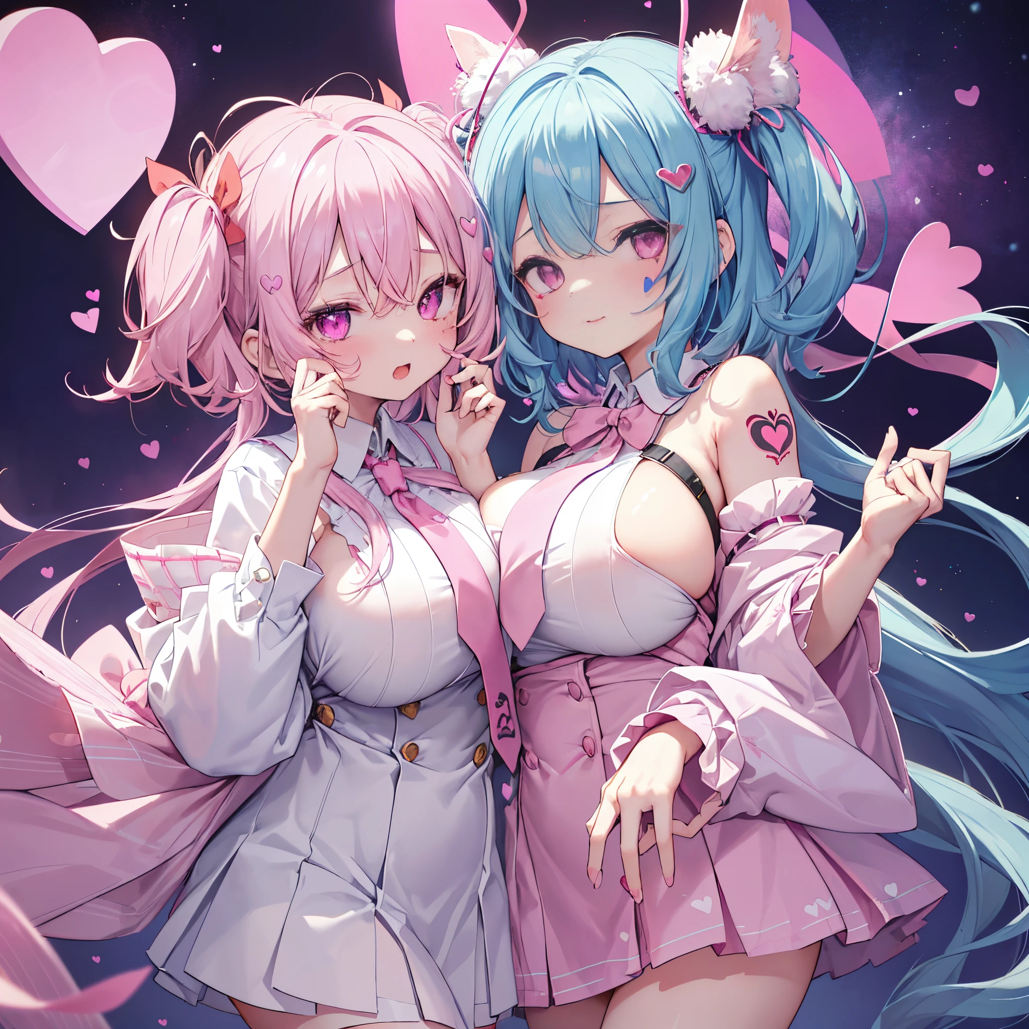 Details、ultra-detailliert、masterpiece、top-quality、Beautiful fece、A detailed eye、 (Two girls:1.4)、Two succubi、(twinsies:1.2)、(natta:1.2)、short-haired、(Pink ribbon:1.1)、(Two-side-up)、Pink tie、pink bra、耳Nipple Ring、(student clothes.1.1)、Shady face、Light pink hair、(Pink Room)、malicious smile、Bruises and ugly facial features、Young features、(Lori:1.2)、long-sleeve、(fluffy sleeves fluffy hair、(Open your mouth and laugh)、Elementary school girls、Short stature、Chiquita、Colossal tits、loli big boobs、(Put your hand on your face)、Buriko、Ruffled uniforms、hair clips、(Ridicule:1.1)、looking-down、Looking from below、Being looked down upon by girls、(Looking from below:1.2)、ultra gigantic tits、(Pink heart symbol:1.5)、(Mass of heart:1.5)、(Heart Effect:1.5)、(heart mark:1.5)、demon tail、Devil's Tail、Succubus、(ultra gigantic tits:1.3)、loli big boobs、(Tattoo of the heart:1.3)、Yodare、Devil's Tail、Boob Matching