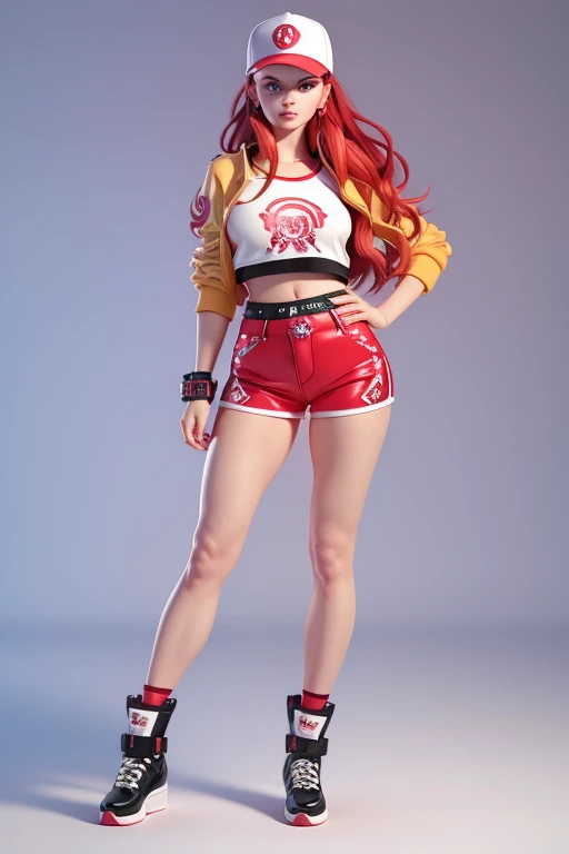 Ruby is a fair-skinned girl with a medium build. She has wavy, hip-length, bright red hair parted to the side and mauvish purple doe-eyes. Her makeup typically consists of glittery gold eyeshadow, red winged eyeliner, natural blush, and pale pink lipstick. Her preferred style is streetwear chic- a sporty-casual mix topped off with her customized shoes and accessories. Ruby's signature outfit consists of a white t-shirt emblazoned with a red "Sparkle" logo near the neckline under a red vinyl bustier top. She also wears matching red high-waisted skinny jeans with gold slashes running down the entire length of the legs. She accessorizes with a black baseball cap turned backwards, decorated with a white logo that says "Rainbow" surrounded by flames and a red flannel plaid shirt tied around her waist. Her shoes are black, heeled sandals with clear vinyl straps and bright red-bottomed soles.