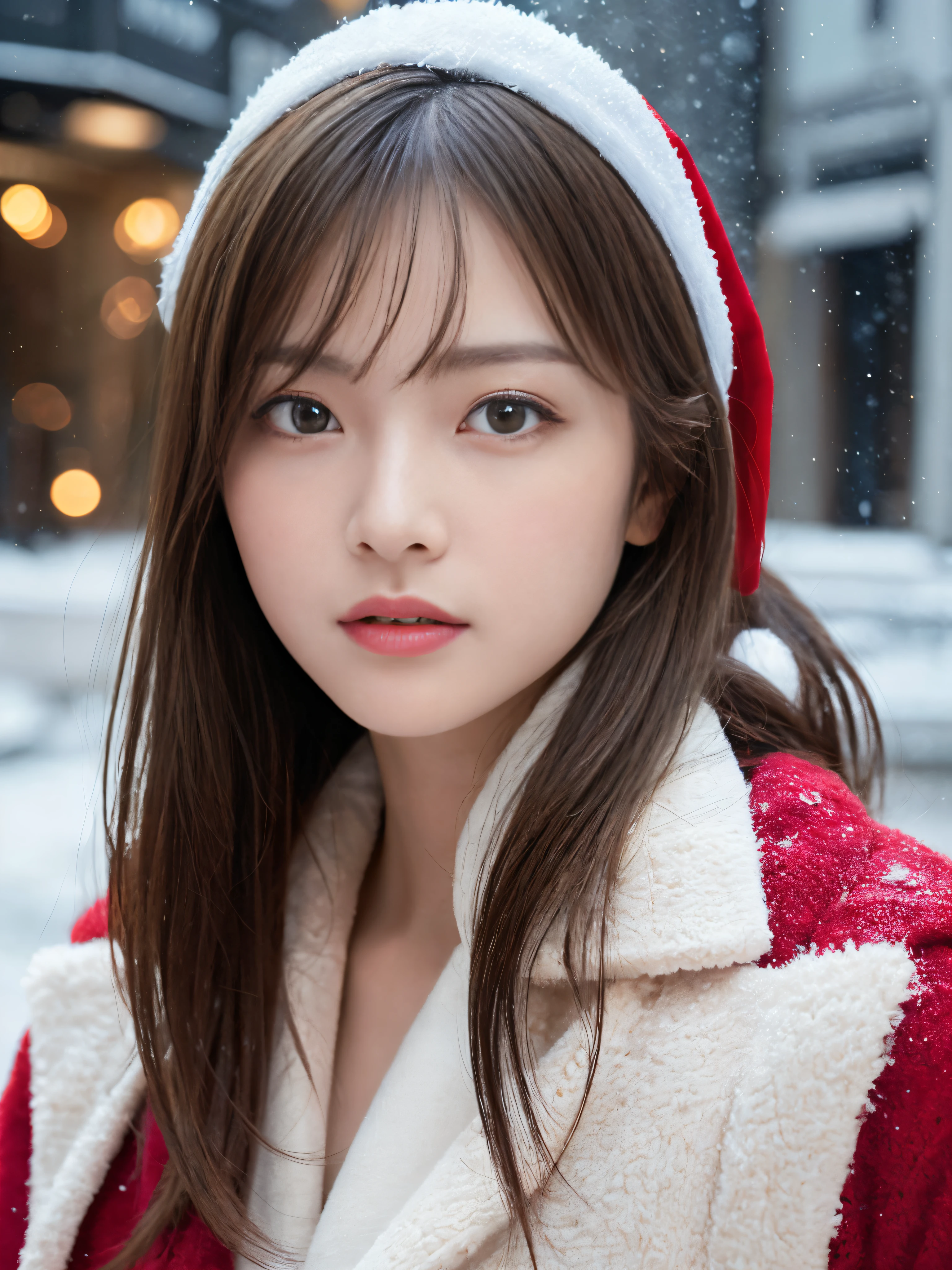 (masterpiece:1.3), (8K, Photorealsitic, Raw photography, Winter street corner background with christmas decorations、Top image quality: 1.4), 20-year-old girl、Super Detail Face、Eye of Detail、二重まぶた、foco nítido:1.5、prety woman:1.4、light brown hair、bob cuts、Natural Color Lip、top-quality、masterpiece、超A high resolution、(Photorealsitic:1.4)、very detailed and professional lighting、Women's fashion in winter、a miniskirt、slender、serious facial expression、Transparent skin、randome pose、Glowing hair、