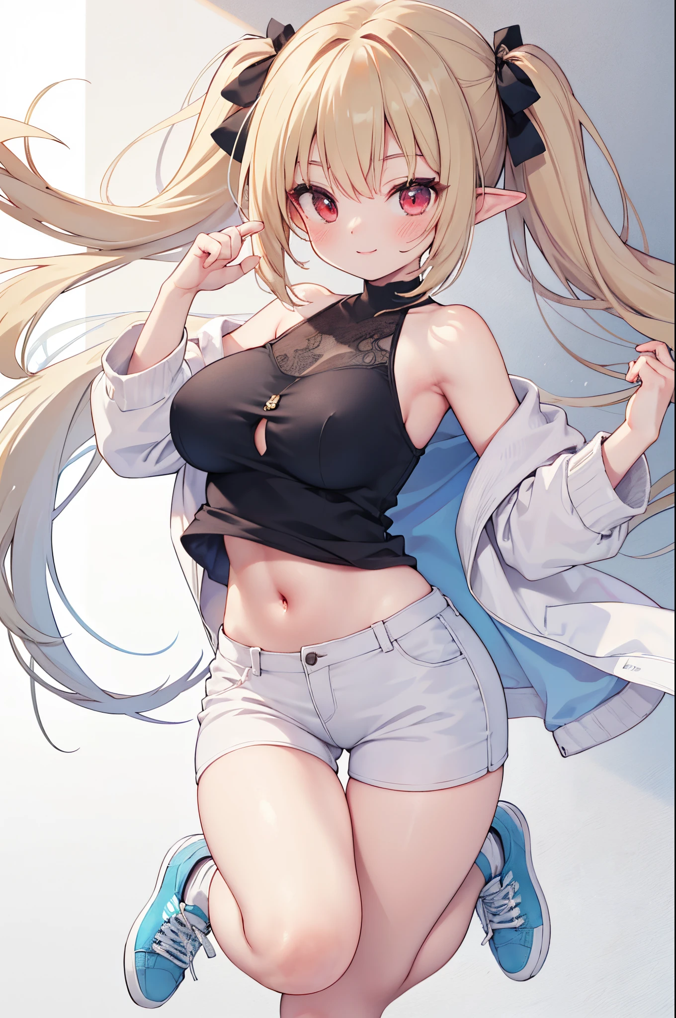 Realistic image, detailed image, 1 elf, She has red eyes, She has medium blonde hair with a red ribbon on the left side of her hair, She wears a short red blouse that exposes part of her stomach, sexy shorts. Stockings to mid-thigh, sneakers. She has big boobs, narrow waist, wide hips and thick thighs. smiling. Full body view. Arched back. white background. Uniform background. Volumetric light. Ambient light.