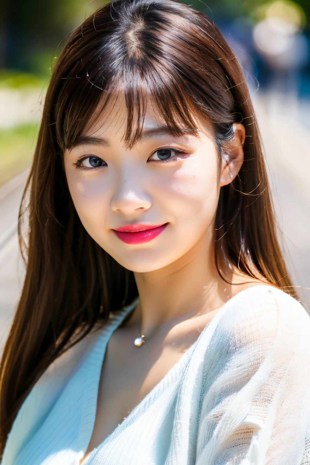 (skin blemish:1.2), (skindentation), black eye, 1woman, 25yo, (((woman))), solo, realistic, best quality, photorealistic, masterpiece, 8k, high res, solo, extremely detailed face, (professional lighting, bokeh), (light particles, lens flare, glowing particles:0.6), (dynamic pose:1.2), soft lighting, top angle view, fashionable and trendy atmosphere, japan, street, tokyo, city, ((daytime)), sky, ((looking at the viewer:1)), (looking at the camera),(portrait:0.6), cowboy shot, gorgeous, standing, keep original facial proportion, wide shoulder, full body, (small breast), (medium hair), brown hair, floating hair, lips, lipstick, seductive smile, floating hair, smile, open_mouth, teeth, (sleeves less white blouse), (jumper skirt), eyelashes, mole, (mole under eye:1),