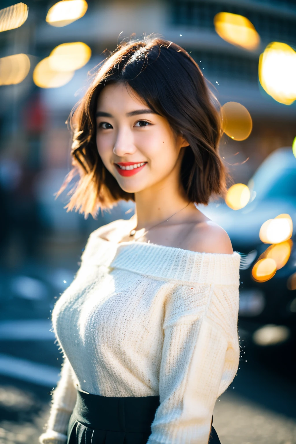 (skin blemish:1.2), (skindentation), black eye, 1woman, 25yo, (((woman))), solo, realistic, best quality, photorealistic, masterpiece, 8k, high res, solo, extremely detailed face, (professional lighting, bokeh), (light particles, lens flare, glowing particles:0.6), (dynamic pose:1.2), soft lighting, top angle view, fashionable and trendy atmosphere, japan, street, tokyo, city, ((daytime)), sky, ((looking at the viewer:1)), (looking at the camera),(portrait:0.6), cowboy shot, gorgeous, standing, keep original facial proportion, wide shoulder, full body, (small breast), (medium hair), brown hair, floating hair, lips, lipstick, seductive smile, floating hair, smile, open_mouth, teeth, (sleeves less white blouse), (jumper skirt), eyelashes, mole, (mole under eye:1),