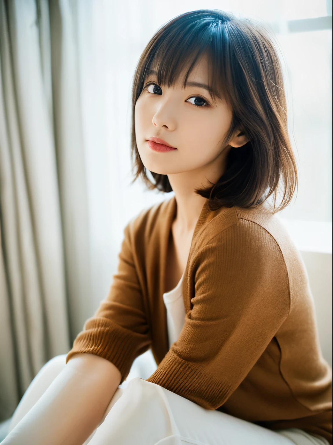 ((masutepiece,top-quality)), (photographrealistic:1.4),((masutepiece,8K)),hight resolution,Studio Soft Light, Rim Lights, vibrant detail, realistic skin textures,Japanese, 1 beautiful woman, Short hair, Wave hair, faint thin bangs, make - up, 38 years, Detailed skin, cardigan, wide-leg pants, White background, White Room,white walls, fully body photo, Looking at Viewer